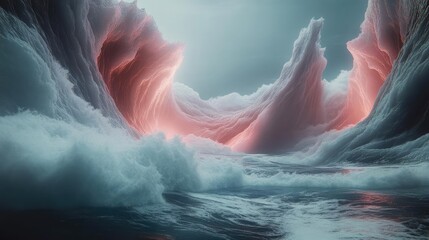 Abstract Digital Wave Landscape Red Glowing Peaks and Teal Waterfalls And Foggy Valley. Digital Illustration Of A Beautiful Scenery. Creative And Abstract Artwork. Futuristic And Mysterious Fantasy
