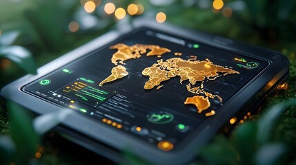A detailed digital world map with glowing continents and countries displayed on a sleek high tech interface device symbolizing global connectivity data and advanced technology