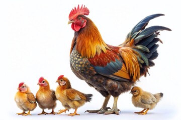 Silhouette of Rooster, Hen, and Chicks: Poultry Farm Family on White