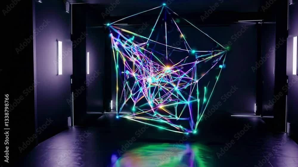 Wall mural seamless loop 3d geometric shape composed of colorful neon lines set against a dark, minimalist back