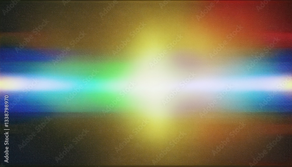 Poster abstract iridescent light refraction on textured surface with vibrant color gradient, digital noise, and soft glow effect

