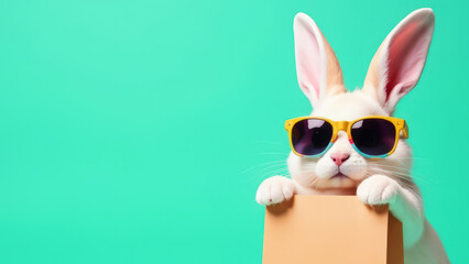 White rabbit wearing yellow sunglasses holding a blank beige shopping bag on a turquoise background. Studio pet portrait with copy space. Easter shopping and holiday sale concept