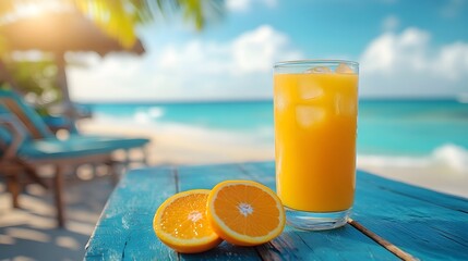 Refreshing orange juice with ice rests on rustic blue table by the sea, sliced oranges and turquoise waters evoke a summery beachfront dining vibe.
