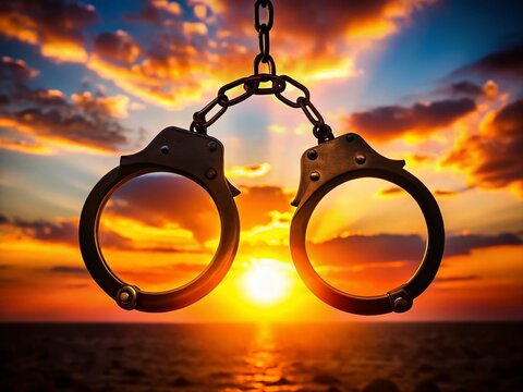 Silhouette of Handcuffs: Justice, Law, Crime, Security, Arrest Stock Photo