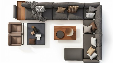 big dark gray couch with center table with white background 