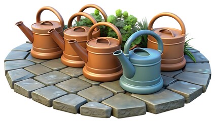 Naklejka premium A Charming Collection Of Terracotta And Teal Watering Cans Nestled Amongst Vibrant Greenery On A Rustic Stone Patio, Bathed In Soft Sunlight
