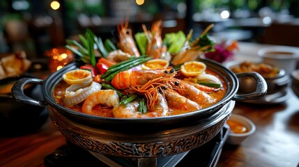 Imagine the tantalizing aroma wafting from this sizzling hot plate, a culinary masterpiece This Thai-style Tom Yum seafood stir-fry is a symphony of flavors, an explosion of zest and spice Plump