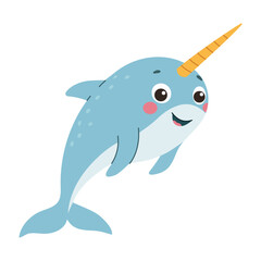 Cute cartoon narwhal isolated on white background. A cute drawing in a childish style. Vector illustration.