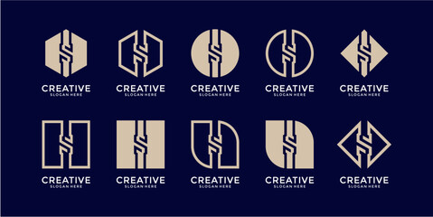 Collection of Abstract Geometric Pixel Art Logos in Beige and Dark Blue