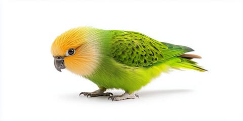 Fototapeta premium A close-up of a Kakapo (Strigops habroptilus), a rare, flightless green parrot with soft feathers and an expressive face on a white background.