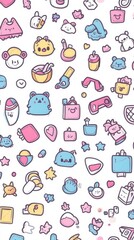 Playful kawaiithemed icon pattern with thin outlines on a solid background