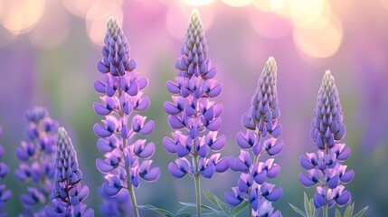 Obraz premium Vibrant purple lupine flowers bloom with layered petals, soft-focus pastel bokeh background enhances the magical garden atmosphere at golden hour.