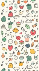 Playful kawaiithemed icon pattern with thin outlines on a solid background