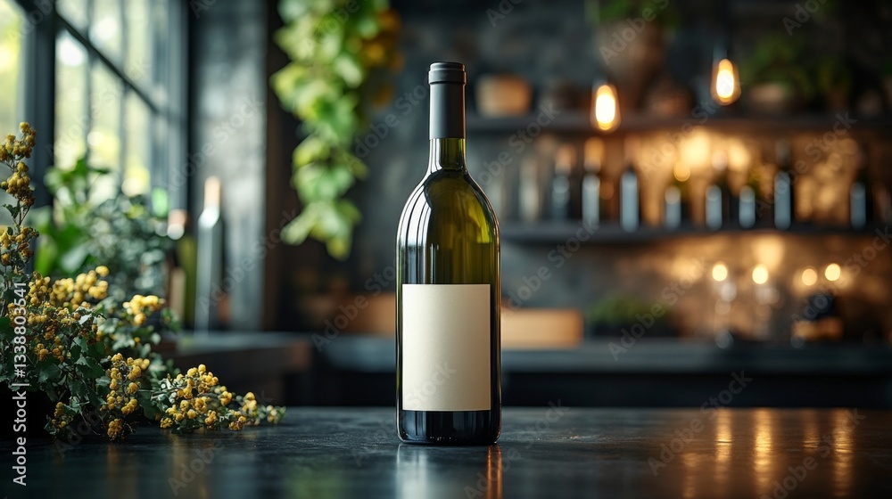 Poster a wine bottle stands prominently on a dark surface in a stylish kitchen. natural light filters throu