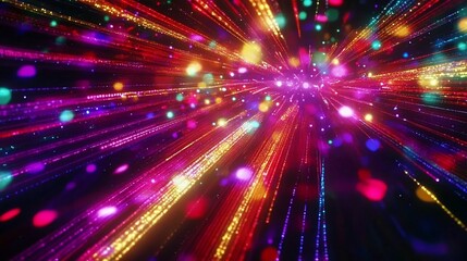 Abstract colorful light streaks with bokeh effect against a dark background creating a dynamic cosmic explosion