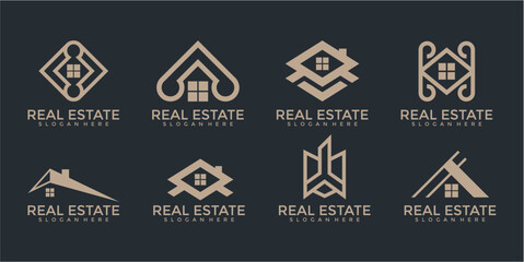 Collection of Beige Pixel Art Real Estate Logos on Dark Background
