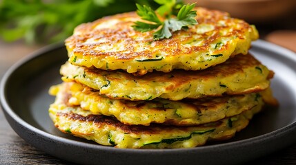 Fried zucchini pancakes stacked on plate healthy organic summer