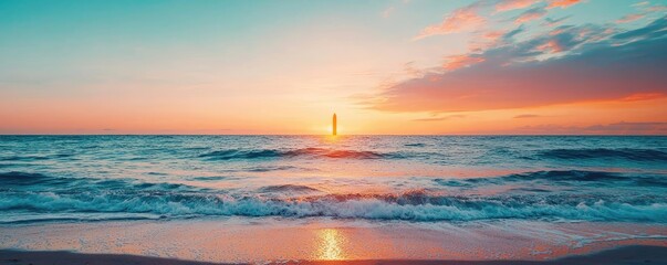 Sunset over ocean landscapes idea. Breathtaking sunset over calm ocean waves with vibrant colors in the sky.