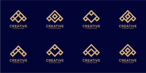 Obraz premium Collection of Eight Gold Pixel Art Logos on Dark Blue Background