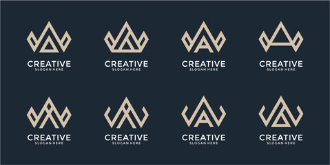 Collection of Eight Minimalist Beige Geometric Crown Logos on Dark Background