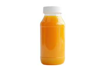 Fresh orange juice bottle on a clean background with sunlight