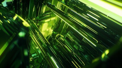 Abstract geometric structure with luminous green tubes and a mirrored effect