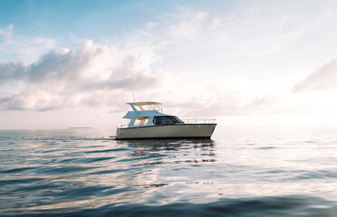 A modern luxury yacht on the high seas. A white boat in the calm clear water of the ocean. Seascape with a ship. Blue sky and fluffy clouds on the horizon. Liveaboard.