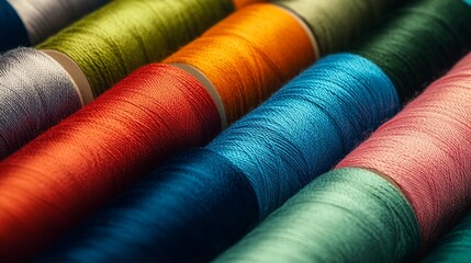 Close up of colorful spools of thread lined up for a sewing project