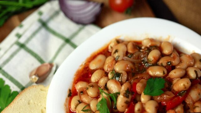 Lobio is a dish of Georgian, Azerbaijani and Armenian cuisines made from green bean pods. Traditional Georgian cuisine lobio. Lean dish. Lobio with pepper, onion.