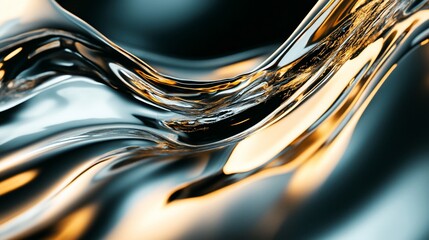 Abstract fluid design with metallic silver and gold tones creating dynamic movement