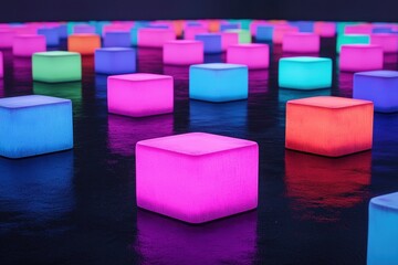 Obraz premium A glowing riverside lantern festival with futuristic paper lanterns floating above the water, cool neon hues, and serene atmosphere. , closes up