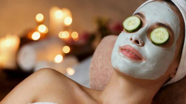 Woman with face mask and cucumber, beauty and spa concept, for advertising, health and wellness, relaxation, close-up.