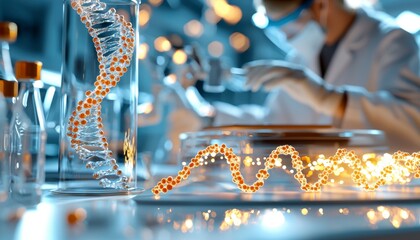 In a gleaming futuristic AI research lab, a dedicated scientist works diligently, surrounded by cutting-edge technology Holographic DNA sequences dance above a transparent smart desk, displaying