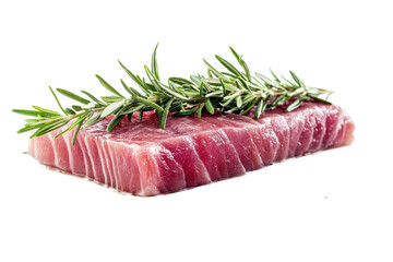 Fresh tuna steak garnished with rosemary on a clean surface