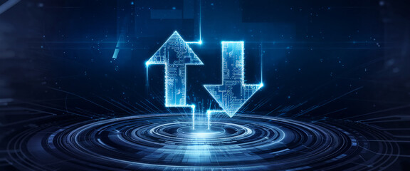 Glowing blue arrows, up and down, on a dark circular tech platform, symbolize data transfer, digital exchange, or network communication, ideal for technology or website backgrounds