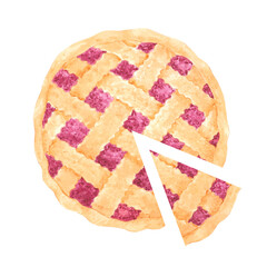Hand drawn watercolor berry pie with a piece. Illustration of food isolated on white background. Can be used for postcard, label, scrapbook and other printed products.