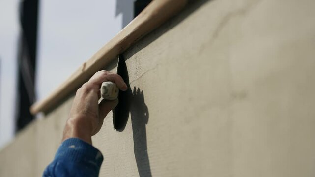 Worker carefully plastering a concrete wall at a construction site