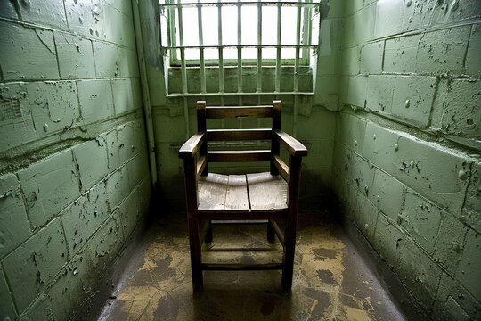 A wooden chair is sitting in a prison cell