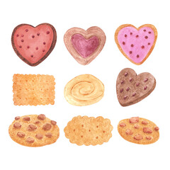 Hand drawn watercolor set of cookies. Illustration of food isolated on white background. Can be used for postcard, label, scrapbook and other printed products.