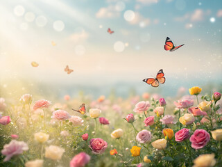 Naklejka premium Butterfly resting on a pink rose against a soft background 