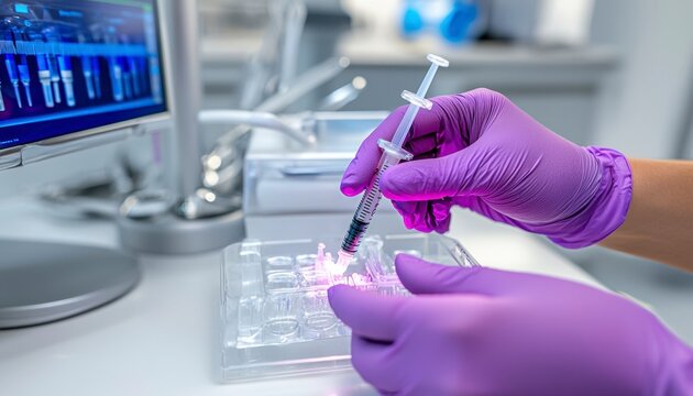In a pristine clinic setting, a close-up captures gloved hands deftly manipulating a botox syringe, poised for cosmetic enhancement Sharp detail reveals metallic medical instruments neatly arranged