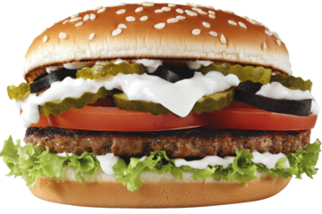 Juicy burger with fresh toppings on a white background