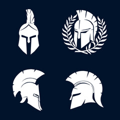Collection of White Spartan Helmets on Dark Blue Background