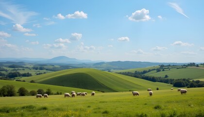 Sheep Grazing on Green Hills Landscape with Blue Sky