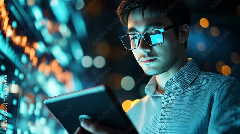 Poster a young professional with stylish glasses studies data on a sleek tablet against a vibrant backdrop 