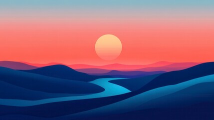 Fototapeta premium Serene Sunset Landscape Minimalist River and Mountain Panorama