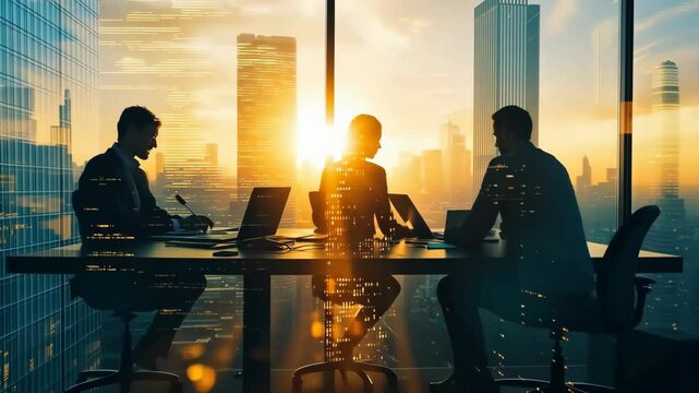 Silhouetted professionals collaborate in a meeting, beautifully lit by a sunset. The urban skyline enhances the ambiance, embodying innovation and teamwork that inspires everyone involved