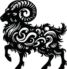 An illustration of a stylised black ram or sheep perhaps a ram tattoo.