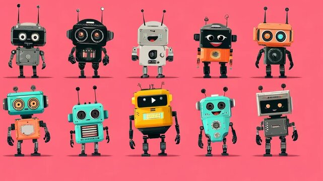 Colorful collection of retro robots on a bright pink background showcasing various designs and expressions