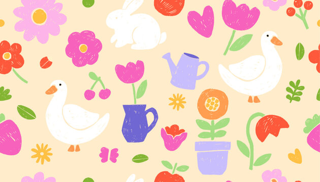 Fototapeta Spring abstract seamless pattern, vector summer flowers texture naive childish easter repeat banner. Cute blossom garden linen print botanical simple baby wallpaper design. Doodle spring goose pattern